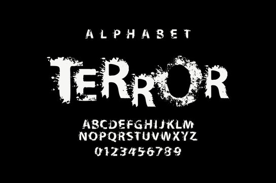 TERROR lettering in abstract letters with spots. Grunge-style splash Alphabet, vector set of white alphabet letters and numbers on a black background. Creative font for headline, poster, label, logo