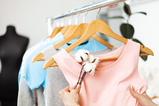 Organic Cotton Clothing. Hanger With Dresses In The Store. Sustainable Fashion, Caring For The Environment.