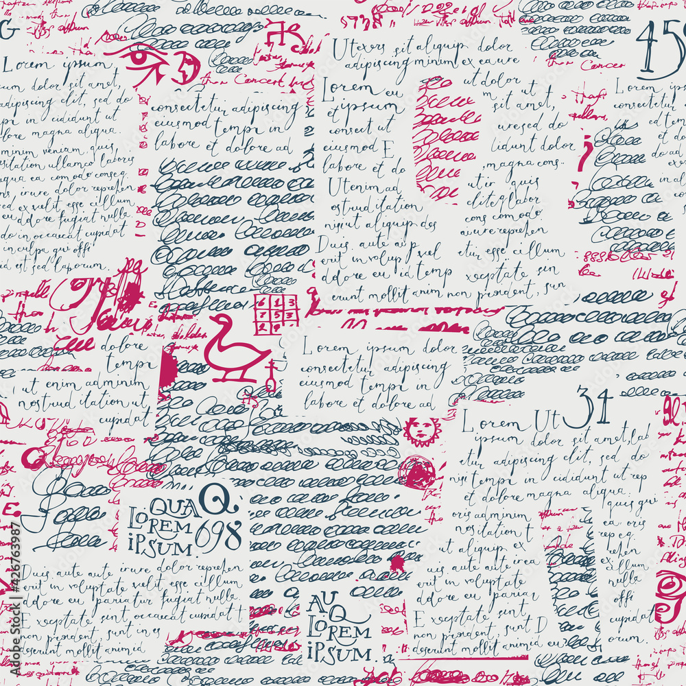 Fototapete abstract seamless pattern with collage of illagible scribles and fragments of handwritten lorem ipsu