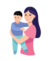 Babysitter. The babysitter is holding the child. A young girl with a child. Isolated vector illustration.