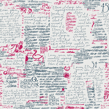 Abstract seamless pattern with collage of illagible scribles and fragments of handwritten Lorem Ipsum text on an a light backdrop. Vector background in retro style. Wallpaper, wrapping paper, fabric