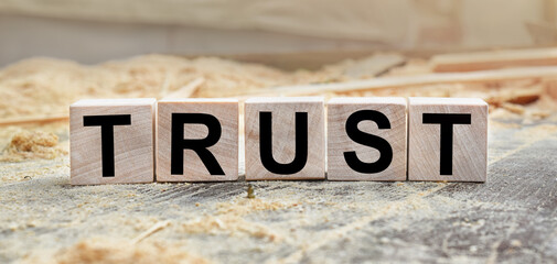 The word TRUST is written on wooden cubes. Wooden cubes lie on the table with sawdust and wooden blocks. Designed to promote your business. Marketing concept.