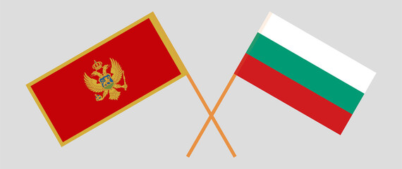 Crossed flags of Montenegro and Bulgaria. Official colors. Correct proportion