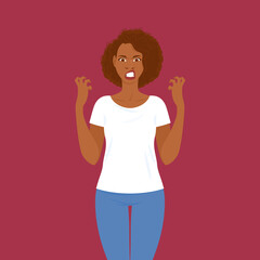 Emotions. Pretty young adult black woman in casual clothes with hair in Afro style.