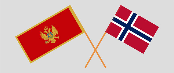 Crossed flags of Montenegro and Norway. Official colors. Correct proportion