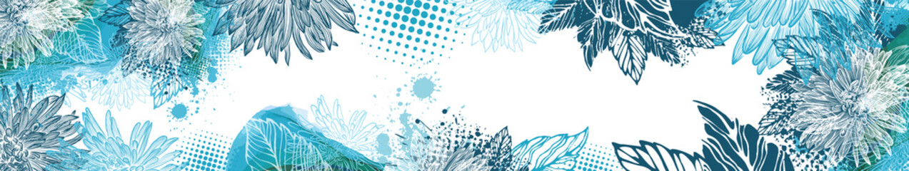 Fototapeta na wymiar Abstract blue flower. Beautiful background with chrysanthemums. Long horizontal banner. Header for the site. Wedding postcard. Vector illustration