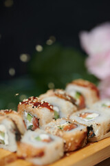 Sushi Rolls on the board beautiful view
