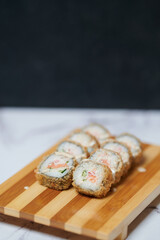 Sushi Rolls on the board beautiful view
