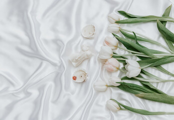 Flowers composition. Springtime  tulip flowers on white  silk background. Hello Spring. Flat lay, top view. Holiday Greeting Card for Womens Day and Mothers Day.