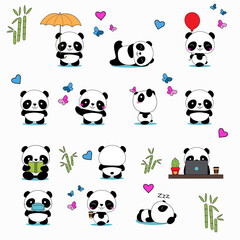 Big set of funny panda bear in cartoon style in different standing poses and emotions isolated on white background