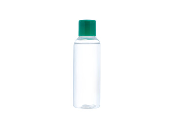 Transparent plastic bottle on a white background.

