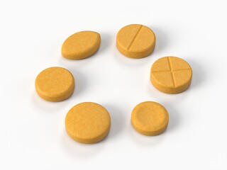 circular shaped pills. 3d illustration isolated on white. suitable for medicine, healthcare and bodybuilding supplement themes