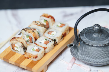 Sushi Rolls on the board beautiful view
