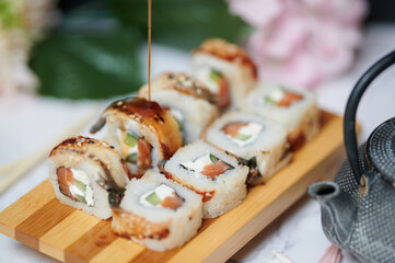 Sushi Rolls on the board beautiful view
