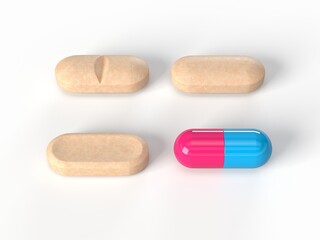 long shaped pills. 3d illustration isolated on white. suitable for medicine, healthcare and bodybuilding supplement themes
