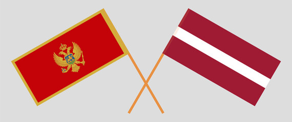Crossed flags of Montenegro and Latvia. Official colors. Correct proportion