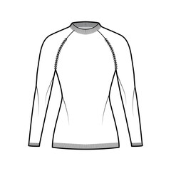 Fisherman Sweater technical fashion illustration with rib crewneck, long raglan sleeves, fitted body, hip length, knit trim. Flat jumper apparel front, white color style. Women men unisex CAD mockup