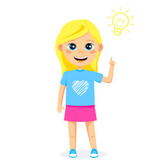 Cute blonde kid girl thinks an idea. Vector.