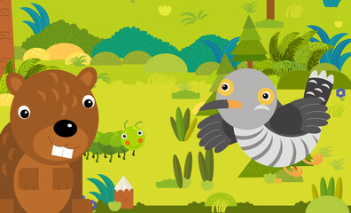 cartoon scene with different european animals in the forest