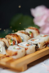 Sushi Rolls on the board beautiful view
