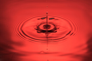 Close up view of Drops making circles on blue water surface isolated on red background.