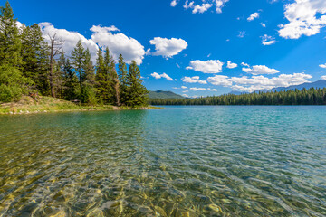 Majestic mountain lake in Canada. Anette Lake view in Jasper, Alberta, Canada. Rocky Mountains.