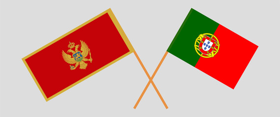 Crossed flags of Montenegro and Portugal. Official colors. Correct proportion