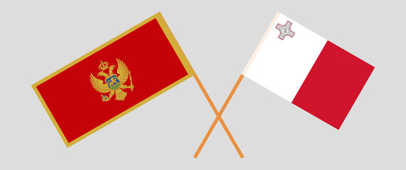 Crossed flags of Montenegro and Malta. Official colors. Correct proportion