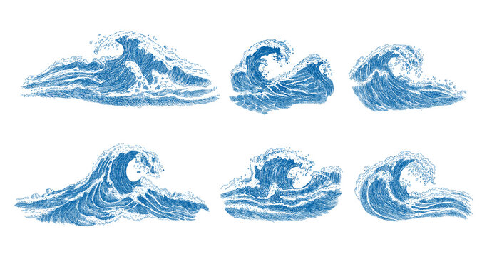 Sea wave sketch. Vintage hand drawn ocean tidal storm waves isolated on white background for surfing and seascape.	