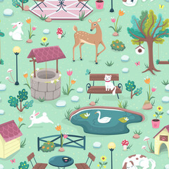 Happy little white bunnies, a cat, a dog, a deer in a colorful flower field in a park with a pond on a green background. Seamless surface repeat vector pattern.