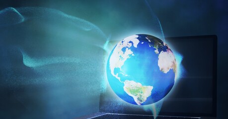 Composition of glowing blue light trails over globe
