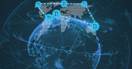 Composition of network of connections with digital bitcoin icons over globe