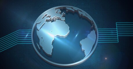 Composition of 3d globe with over blue lines on computer circuit board