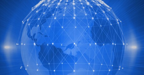 Composition of network of connections with glowing white spots over globe