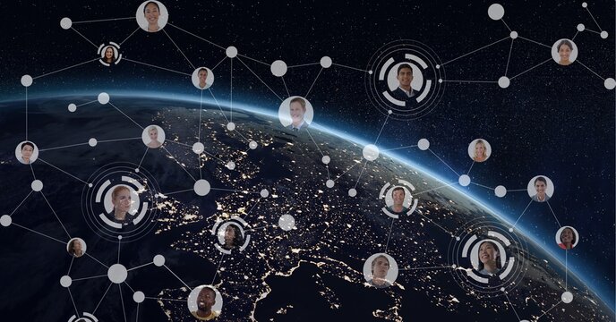 Composition of network of connections with business people photographs over globe