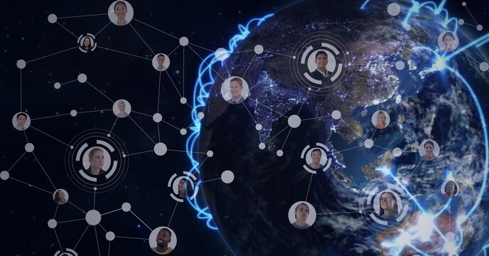 Composition of network of connections with business people photographs over globe