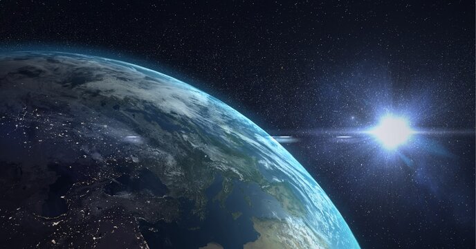Composition of globe seen from space with glowing sun in universe