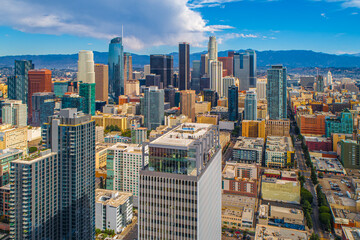 Aerial Shot of Downtown Los Angeles California. Beautiful stunning views of Downtown High Rise buildings and Rooftop Helipads. Beautiful Sunny day.