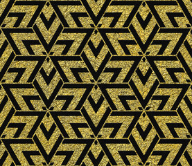 Gold and black triangles ornament. Art Deco. Luxury seamless pattern for Art Deco interior or wrapping paper. Tile design for bathroom and kitchen. Yellow and black ornament. Expensive packaging.
