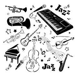Monochrome background with musical instruments. Vector illustration