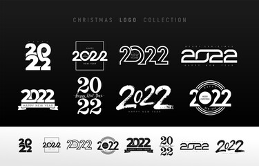 2022 Happy New Year trending logo design set. Decoration for new year holidays. 2022 Christmas numbers design template. Big Collection of 2022 happy New Year symbols. Black and white vector elements.