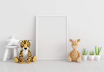Doll on floor with frame mockup, 3D rendering