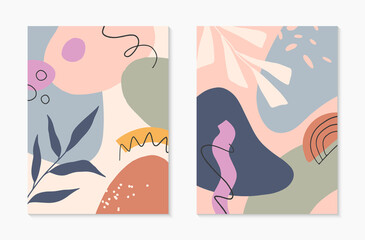 Set of mid century modern abstract vector illustrations with organic shapes and leaves.Minimalistic art prints.Trendy artistic designs perfect for banners;social media,invitations;branding,covers