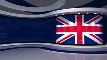 United Kingdom. Great Britain. British flag studio. UK flag background. TV studio. Loop animation. News studio. Backdrop for any green screen or chroma key video production. 3d render. 3d