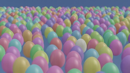 White egg among many colored painted Easter eggs on plane, 3D rendering
