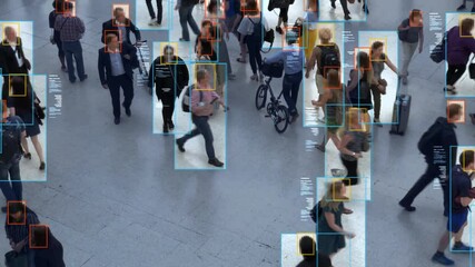 High view of commuters walking. Anonymous crowd with facial recognition interface showing personal data for each person. Surveillance concept. Artificial intelligence. Deep learning. - Powered by Adobe