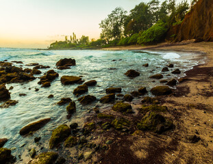 Sunset on Koki Beach With Alau Island in The Distance, Koki Beach Park, Hana, Maui, Hawaii, USA