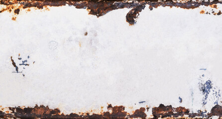 Old metal background with grunge texture and rusted vintage border, white peeling paint and brown...