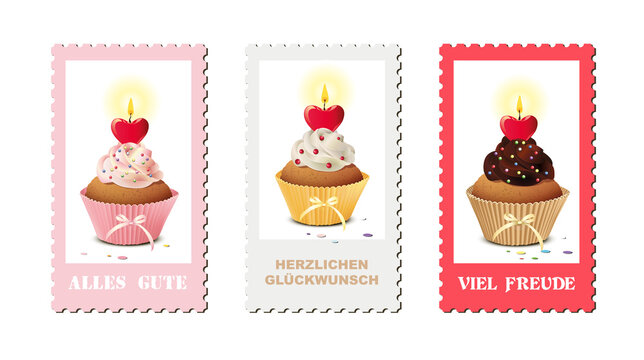 Briefmarken Set mit Grüße für Feste, mit Cupcake und Herz Kerze, Vektor Illustration isoliert auf weißem Hintergrund
