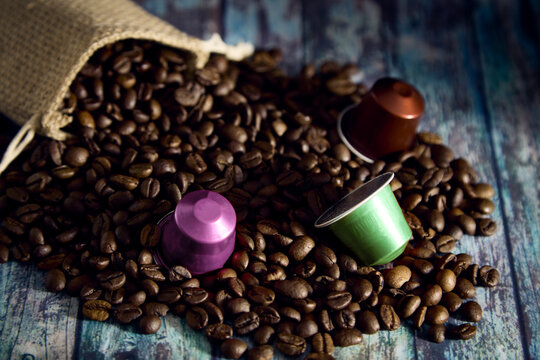 Sack, coffee beans and capsule coffee